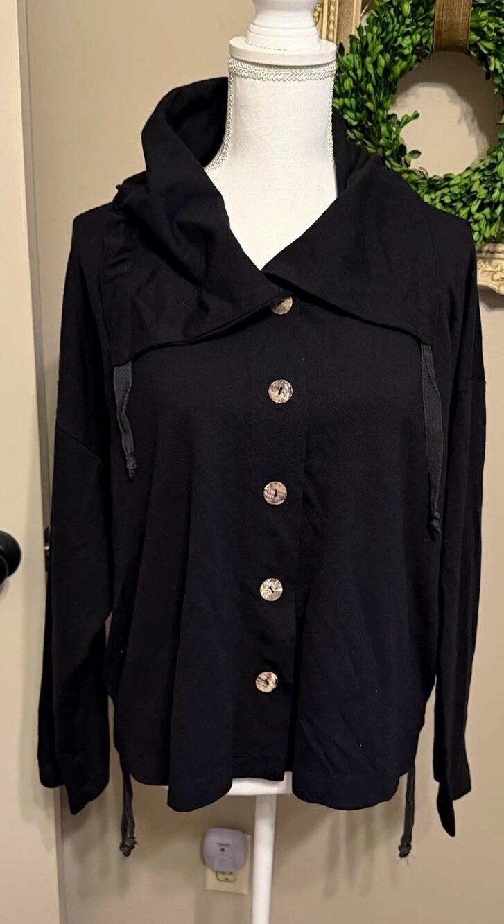 bryn WALKER Black Hooded Button Front Knit Cardigan Sweatshirt Womens M